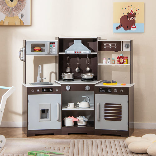Pretend Play Kitchen Wooden Toy Set with Range Hood Real Sounds and Lights, Brown