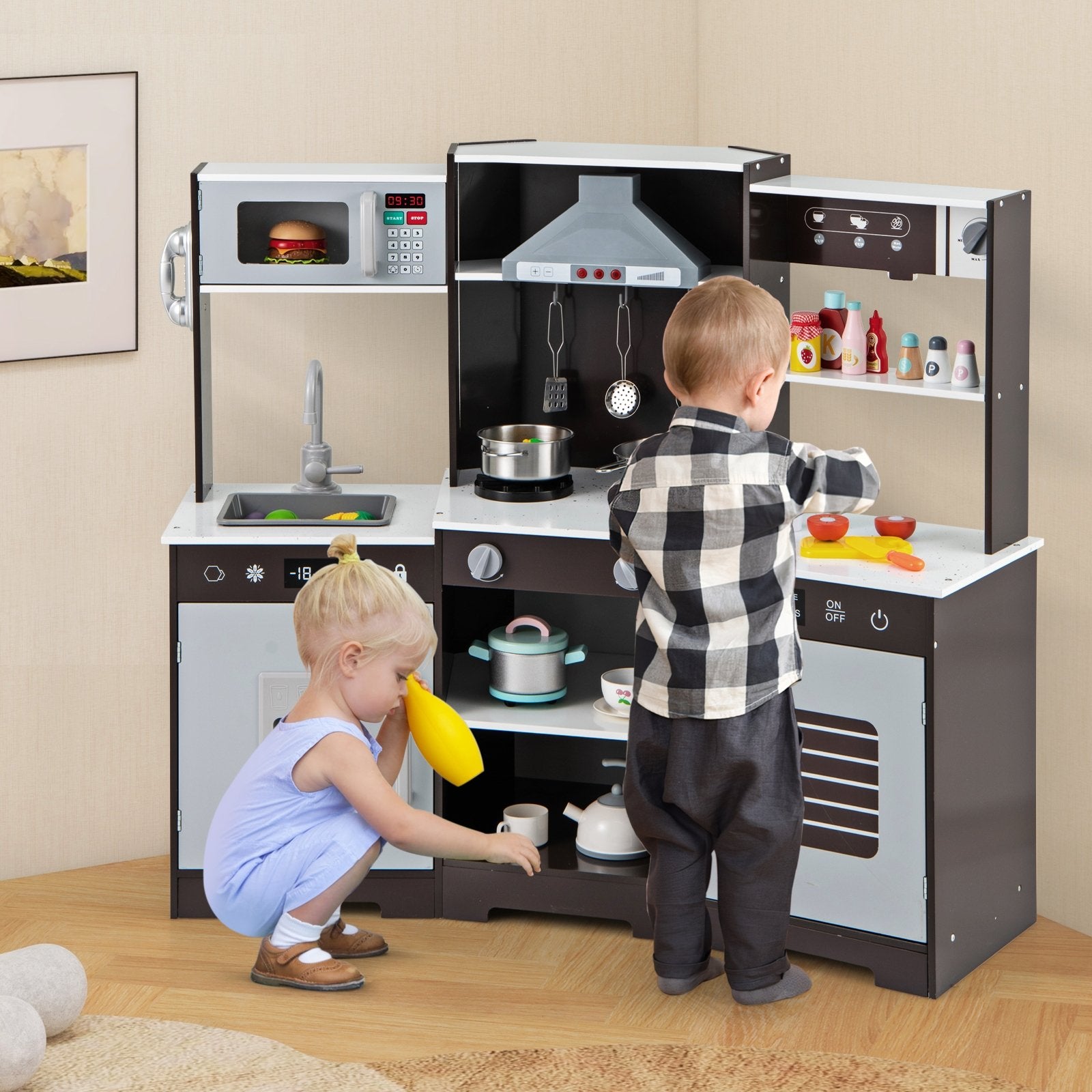 Pretend Play Kitchen Wooden Toy Set with Range Hood Real Sounds and Lights, Brown Play Kitchen Sets   at Gallery Canada