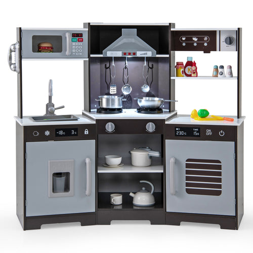 Pretend Play Kitchen Wooden Toy Set with Range Hood Real Sounds and Lights, Brown