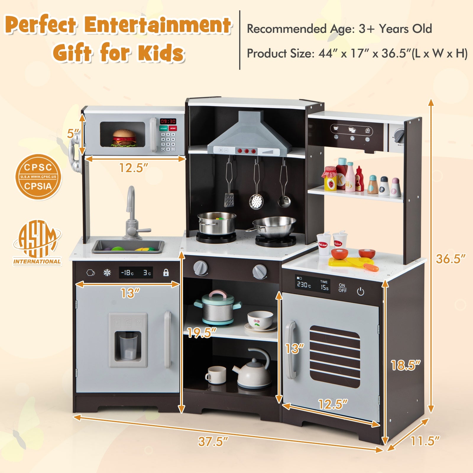 Pretend Play Kitchen Wooden Toy Set with Range Hood Real Sounds and Lights, Brown Play Kitchen Sets   at Gallery Canada