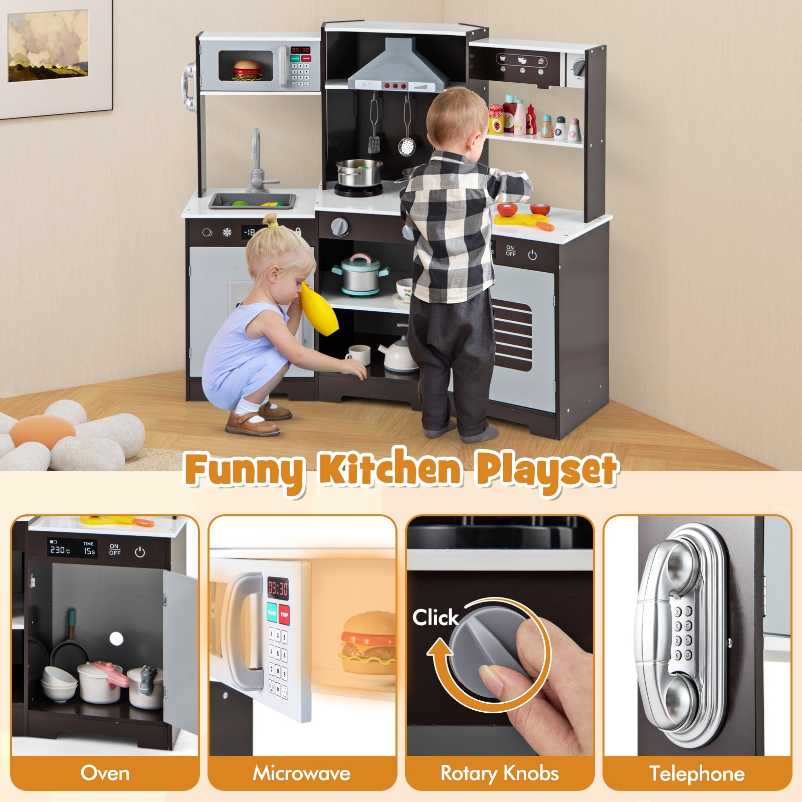 Pretend Play Kitchen Wooden Toy Set with Range Hood Real Sounds and Lights, Brown Play Kitchen Sets   at Gallery Canada