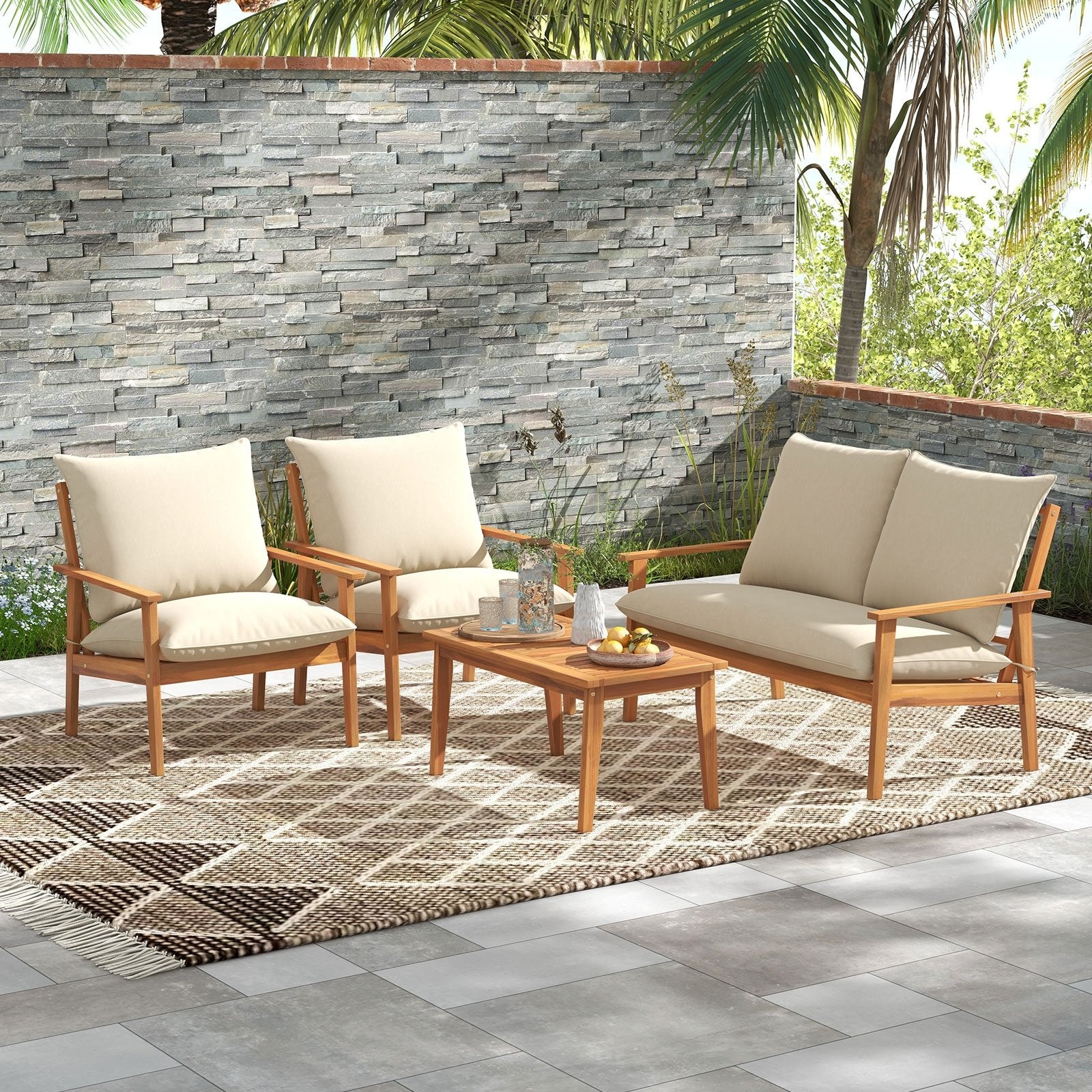 4 Pieces Outdoor Acacia Wood Conversation Set with Soft Cushions and Coffee Table, White Patio Conversation Sets   at Gallery Canada