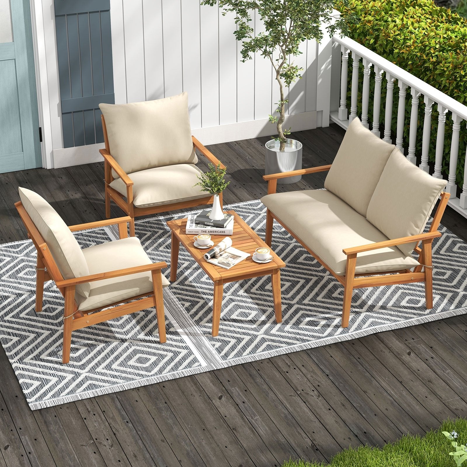 4 Pieces Outdoor Acacia Wood Conversation Set with Soft Cushions and Coffee Table, White Patio Conversation Sets   at Gallery Canada