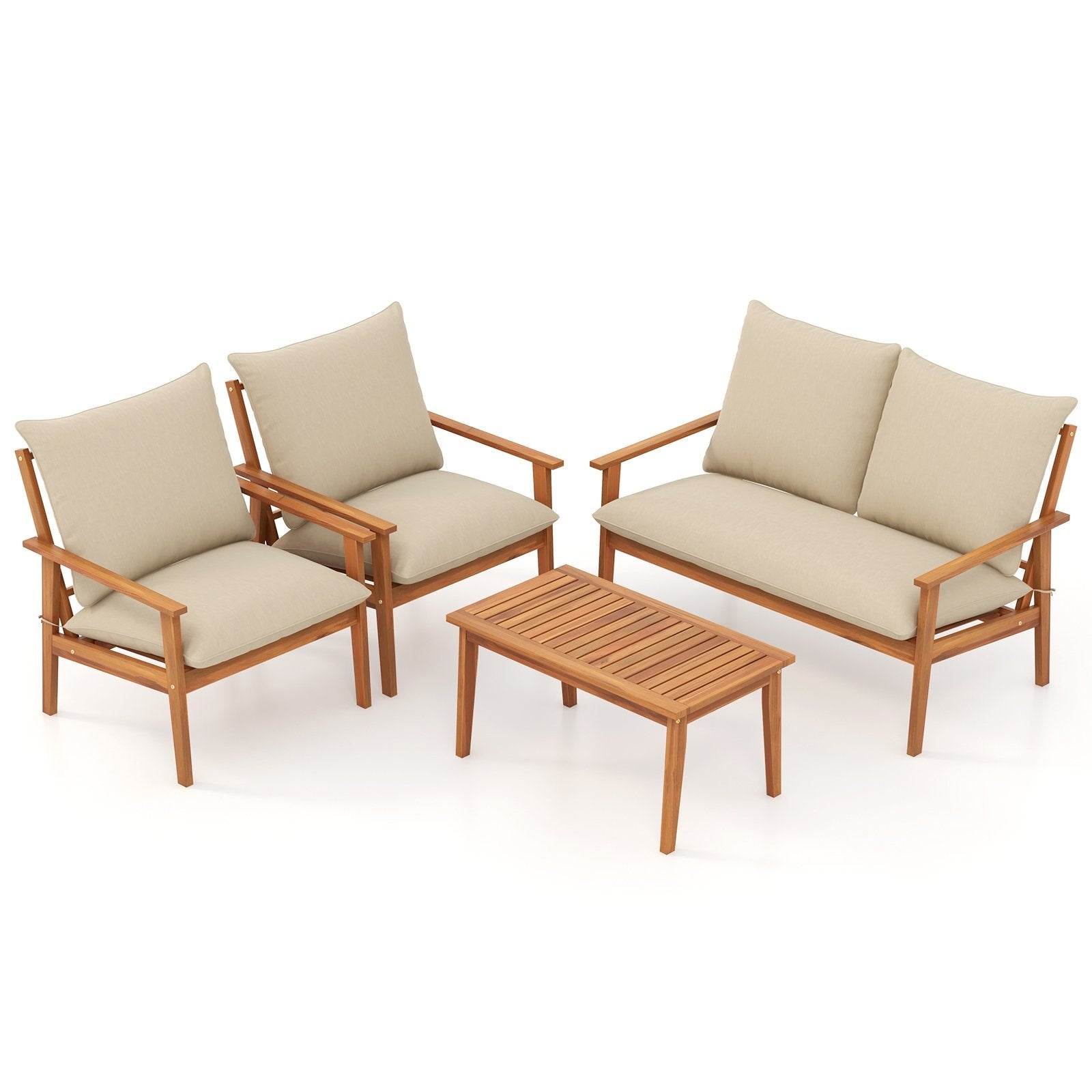 4 Pieces Outdoor Acacia Wood Conversation Set with Soft Cushions and Coffee Table, White Patio Conversation Sets White  at Gallery Canada