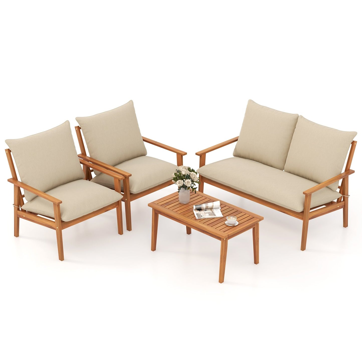 4 Pieces Outdoor Acacia Wood Conversation Set with Soft Cushions and Coffee Table, White Patio Conversation Sets   at Gallery Canada