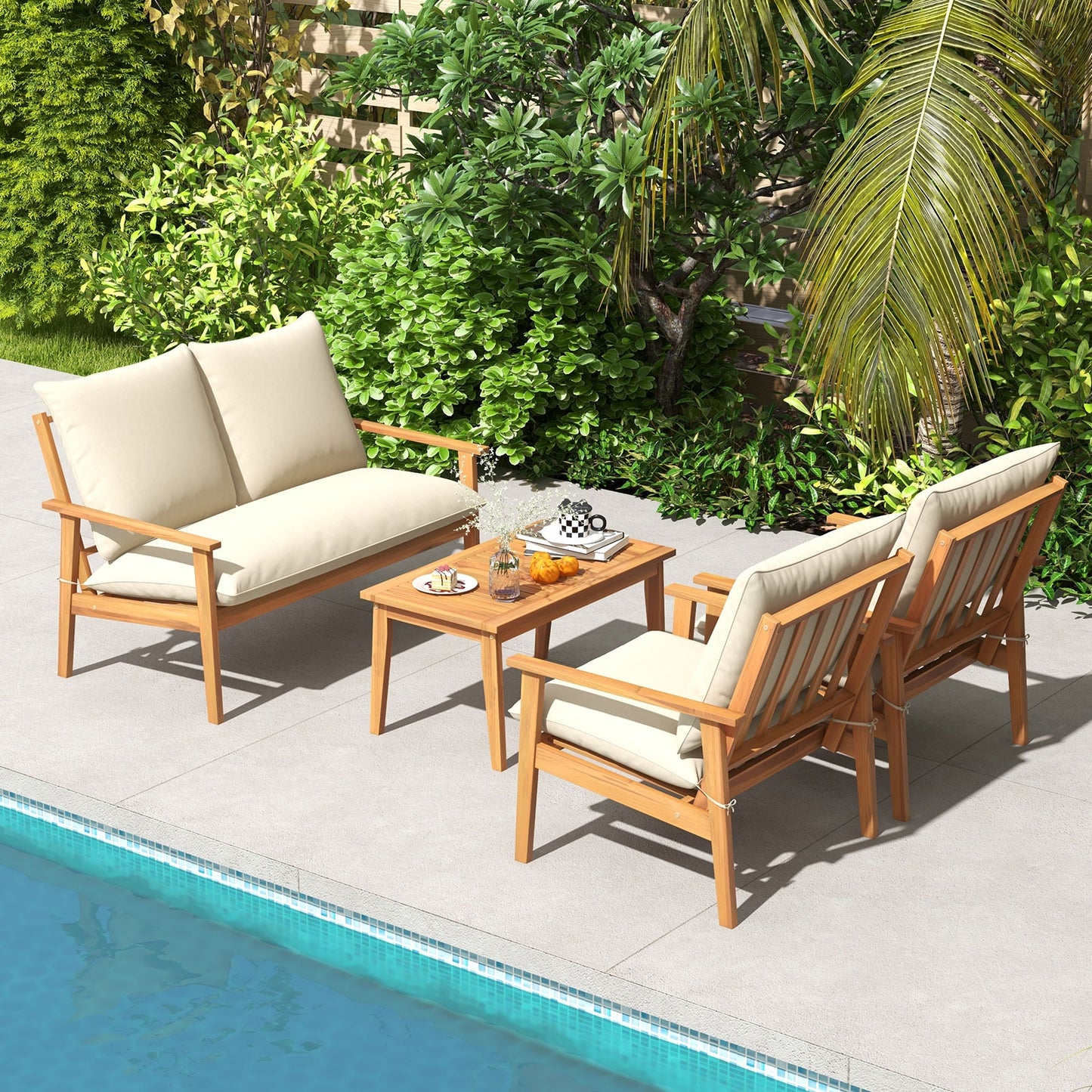 4 Pieces Outdoor Acacia Wood Conversation Set with Soft Cushions and Coffee Table, White Patio Conversation Sets   at Gallery Canada