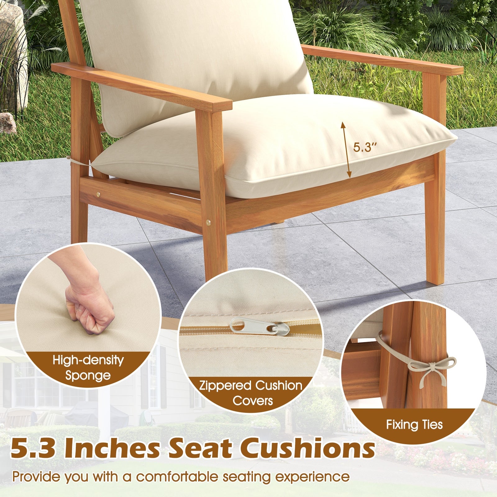 4 Pieces Outdoor Acacia Wood Conversation Set with Soft Cushions and Coffee Table, White Patio Conversation Sets   at Gallery Canada