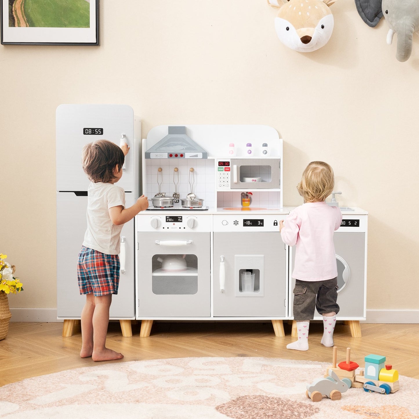 Kids Kitchen Playset 3 in 1 Kitchen Toy with Refrigerator Kitchen Set Washing Machine, Gray Play Kitchen Sets   at Gallery Canada