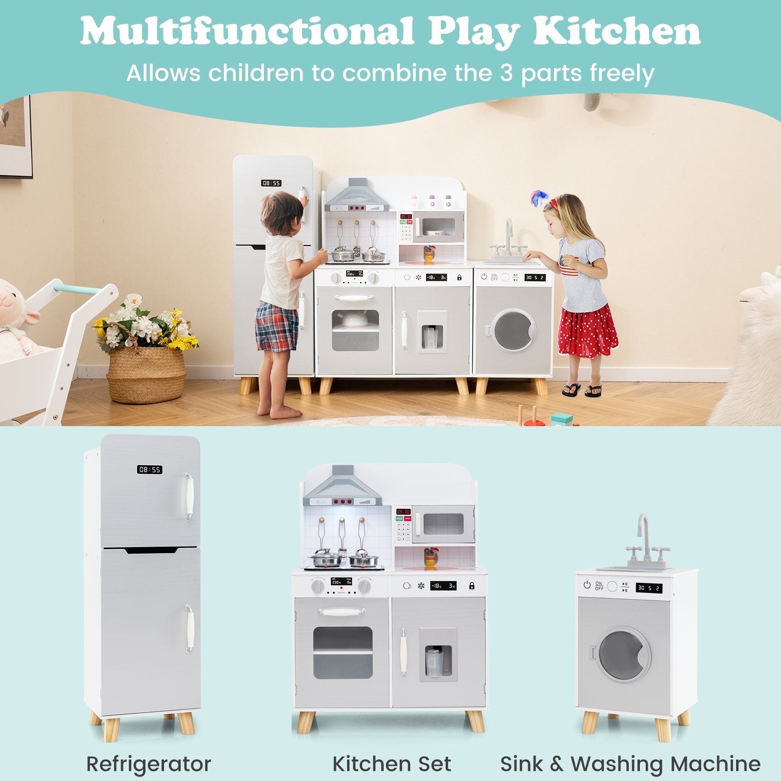 Kids Kitchen Playset 3 in 1 Kitchen Toy with Refrigerator Kitchen Set Washing Machine, Gray Play Kitchen Sets   at Gallery Canada