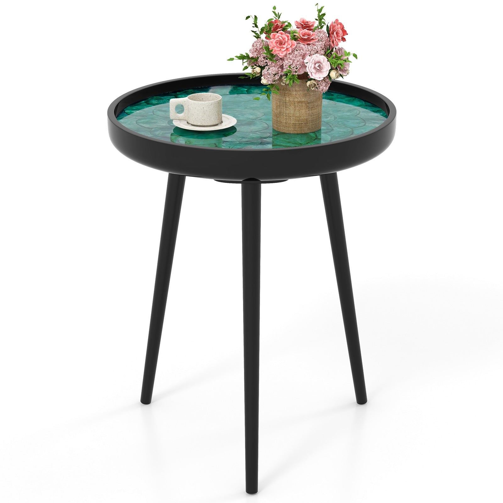 16 Inch Mid-century Modern Coffee End Table with Sea Shell Decoration, Green End & Side Tables at Gallery Canada