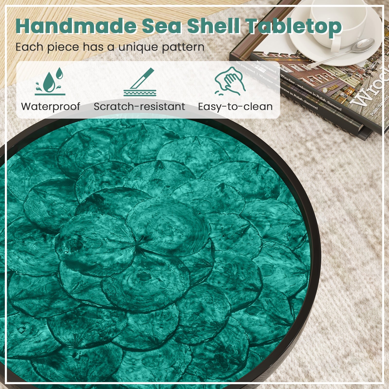 16 Inch Mid-century Modern Coffee End Table with Sea Shell Decoration, Green End & Side Tables at Gallery Canada