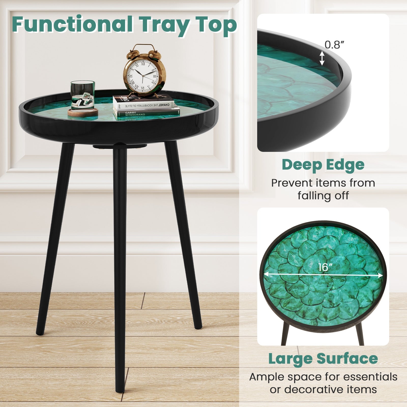 16 Inch Mid-century Modern Coffee End Table with Sea Shell Decoration, Green End & Side Tables at Gallery Canada
