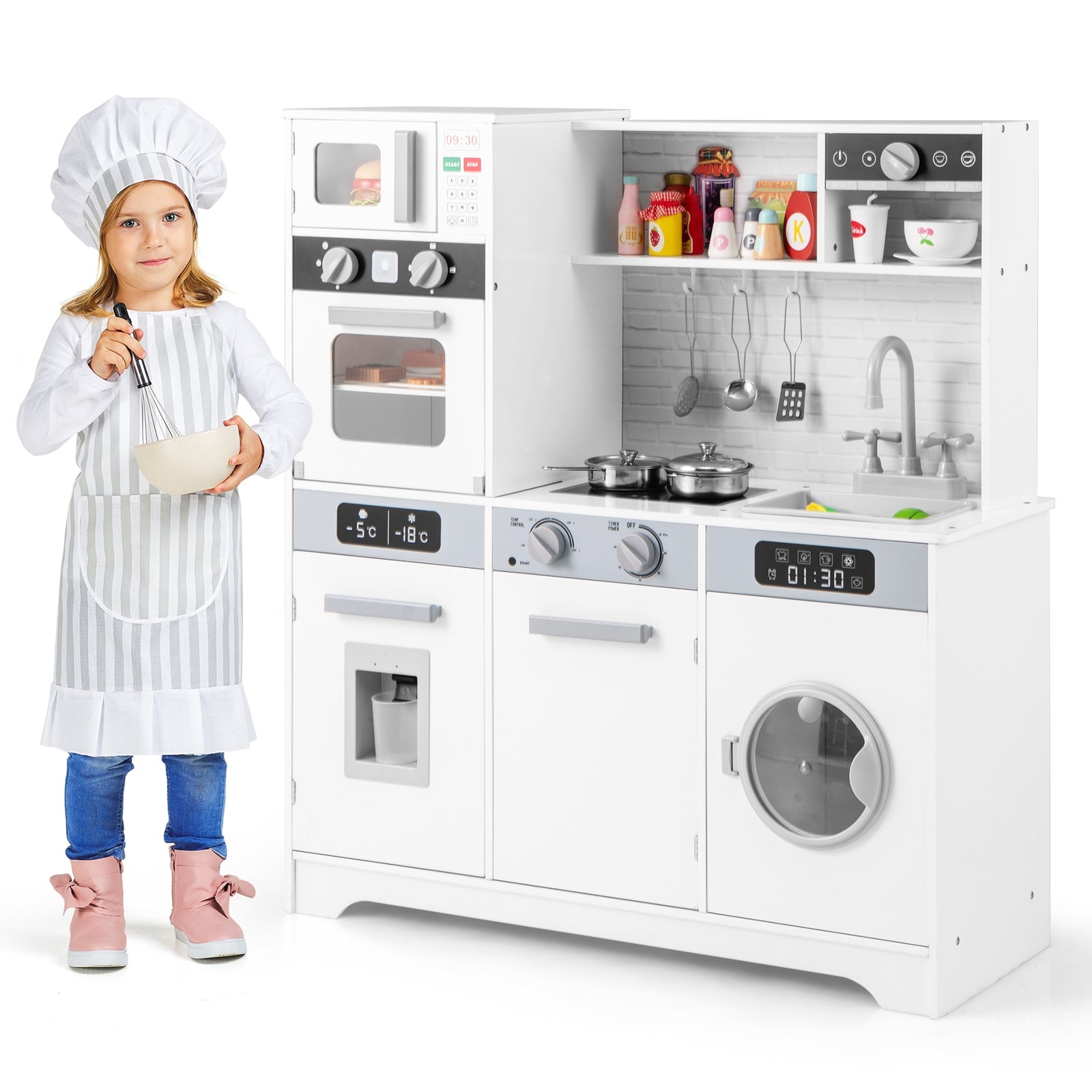 Pretend Play Kitchen Wooden Toy Set Kitchen Accessory Playset with Real Lights Sounds, White Play Kitchen Sets White  at Gallery Canada