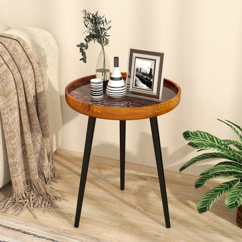 16 Inch Round End Table with Sea Shell Decoration and Epoxy Resin Finish, Brown