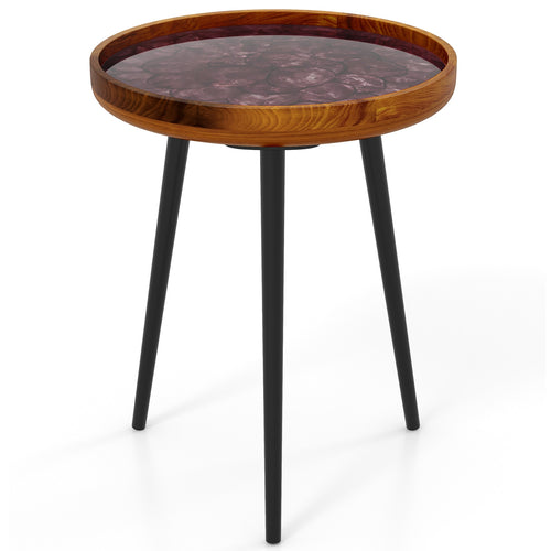 16 Inch Round End Table with Sea Shell Decoration and Epoxy Resin Finish, Brown