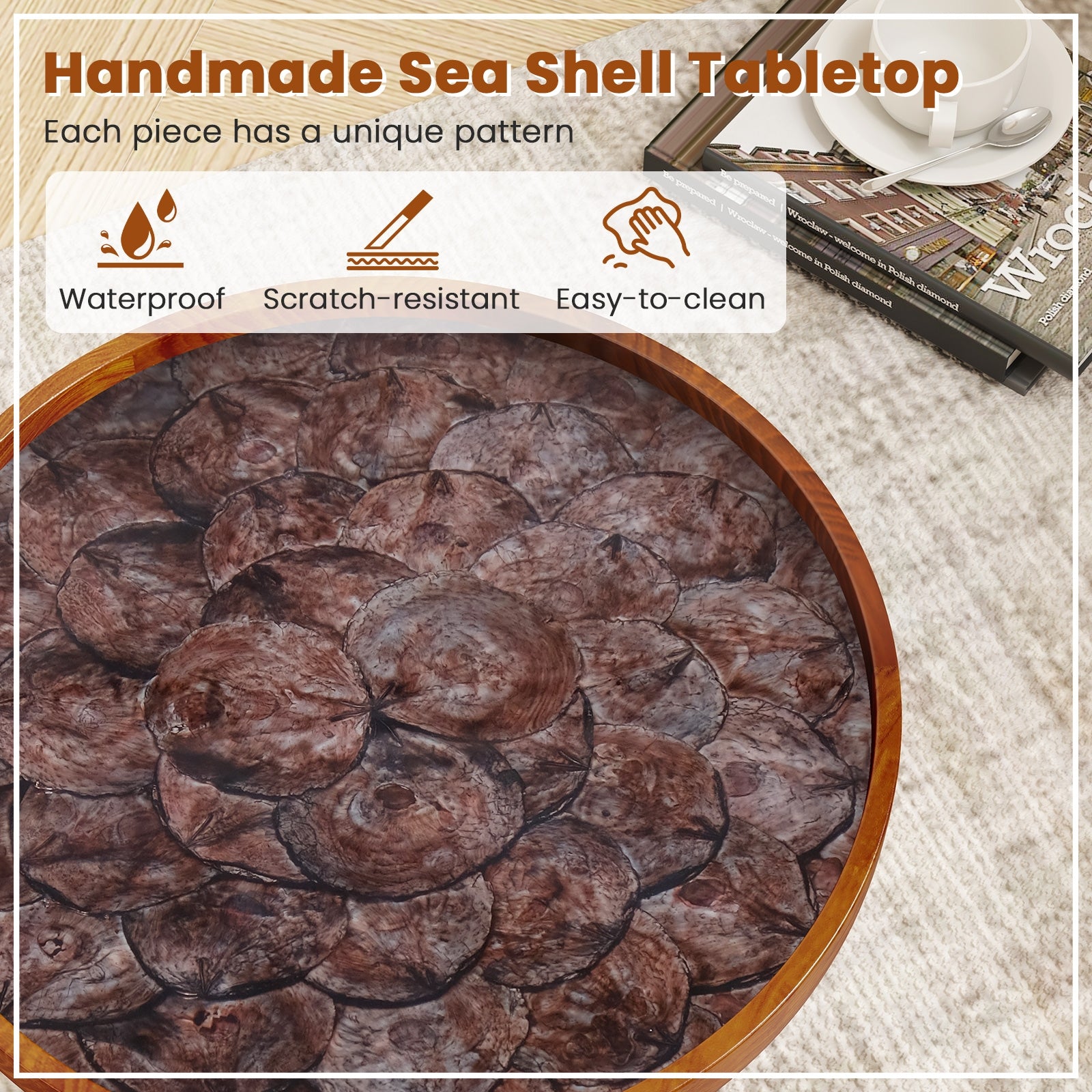 16 Inch Round End Table with Sea Shell Decoration and Epoxy Resin Finish, Brown End & Side Tables at Gallery Canada