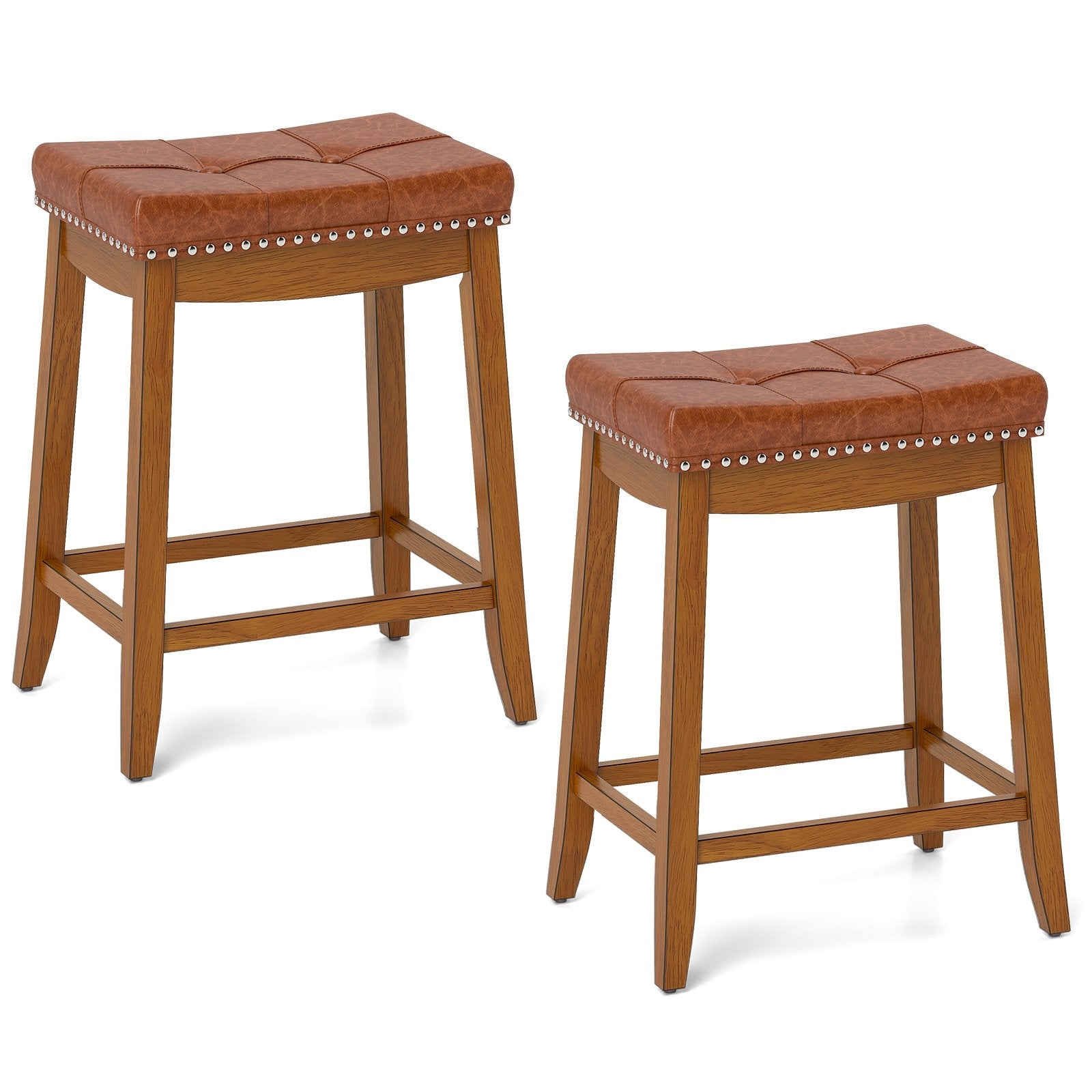 25/29 Inch Set of 2 Upholstered PU Leather Bar Stools with Saddle Seat-25 inches, Brown Bar Stools Set of 2 - 25 Inches  at Gallery Canada