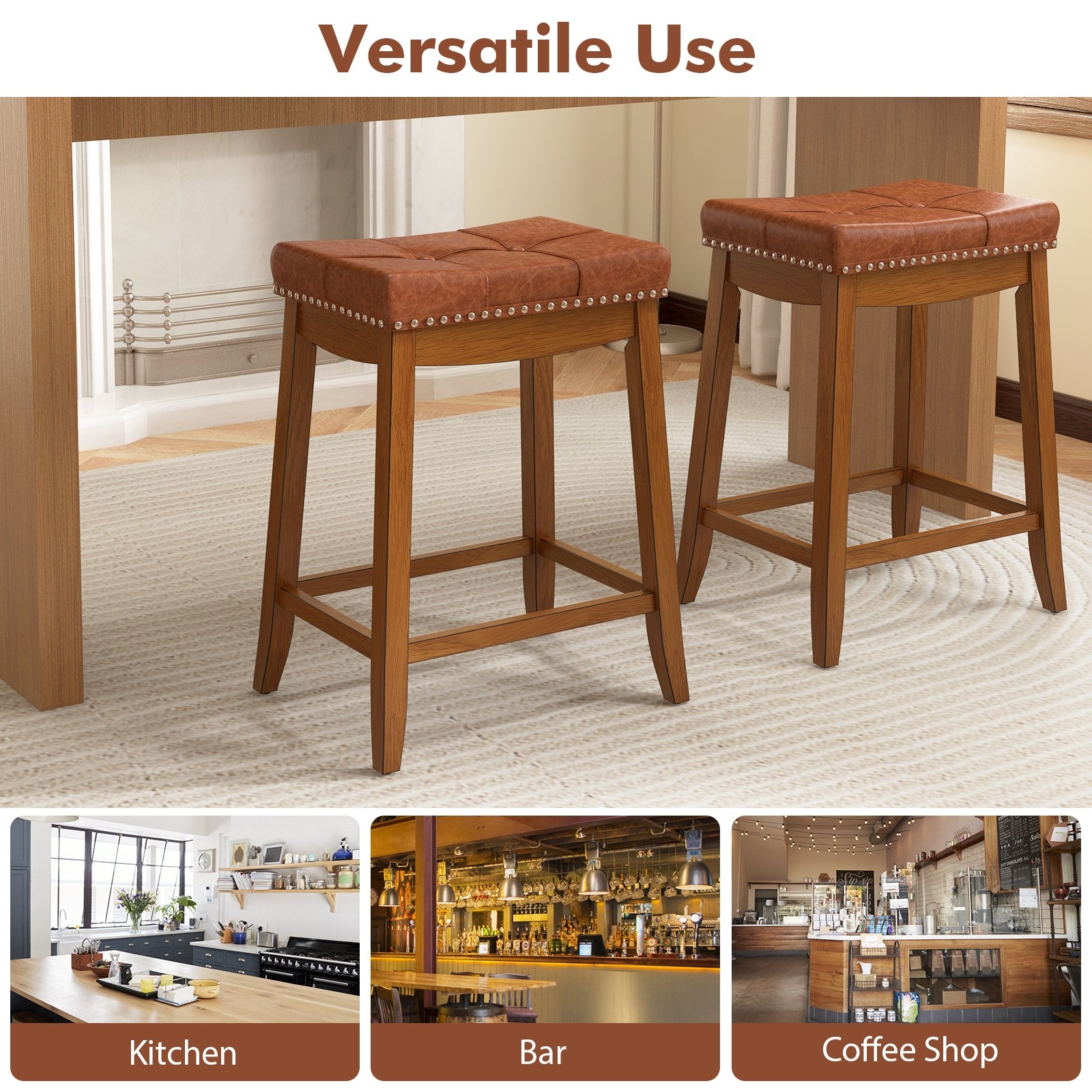 25/29 Inch Set of 2 Upholstered PU Leather Bar Stools with Saddle Seat-25 inches, Brown Bar Stools   at Gallery Canada