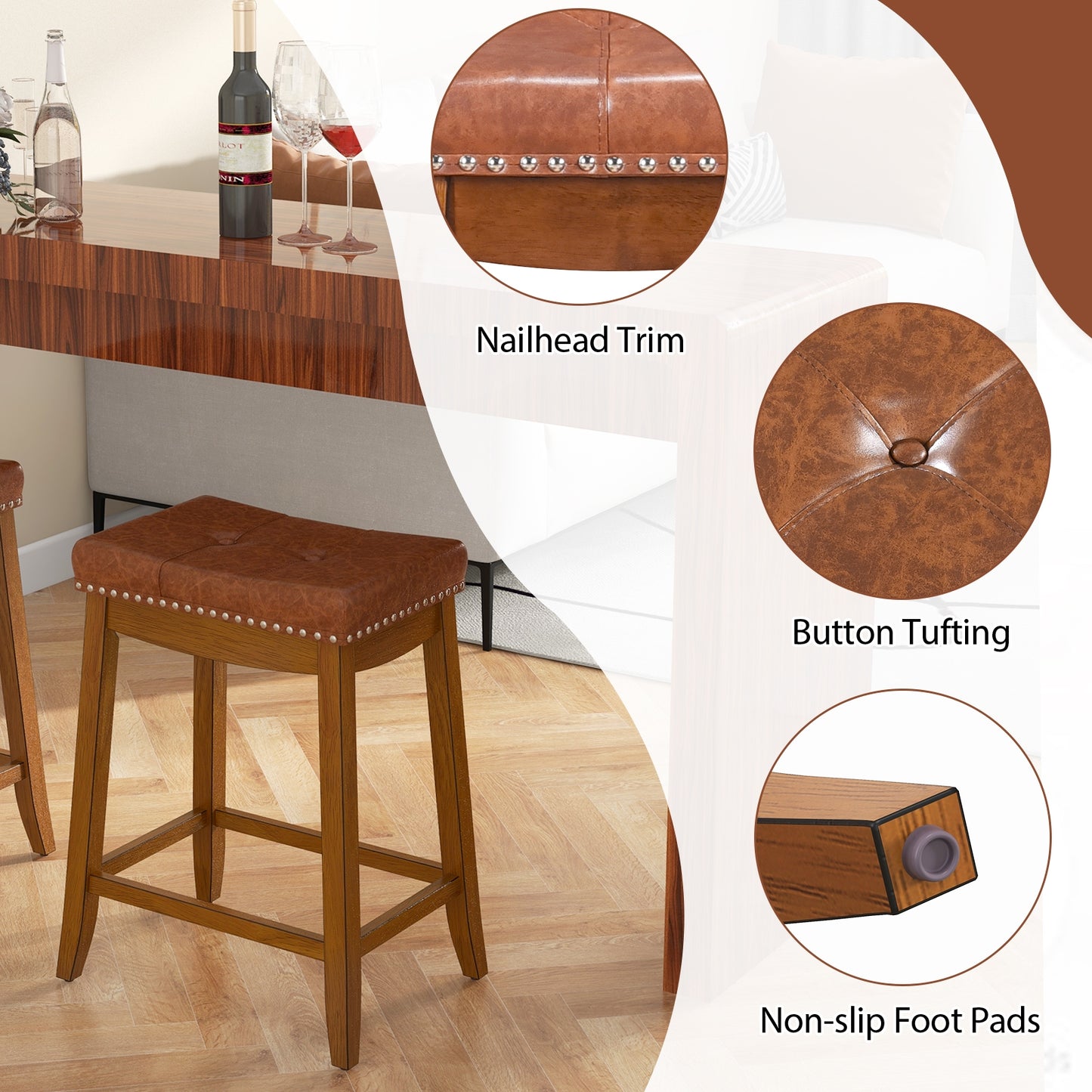 25/29 Inch Set of 2 Upholstered PU Leather Bar Stools with Saddle Seat-25 inches, Brown Bar Stools   at Gallery Canada