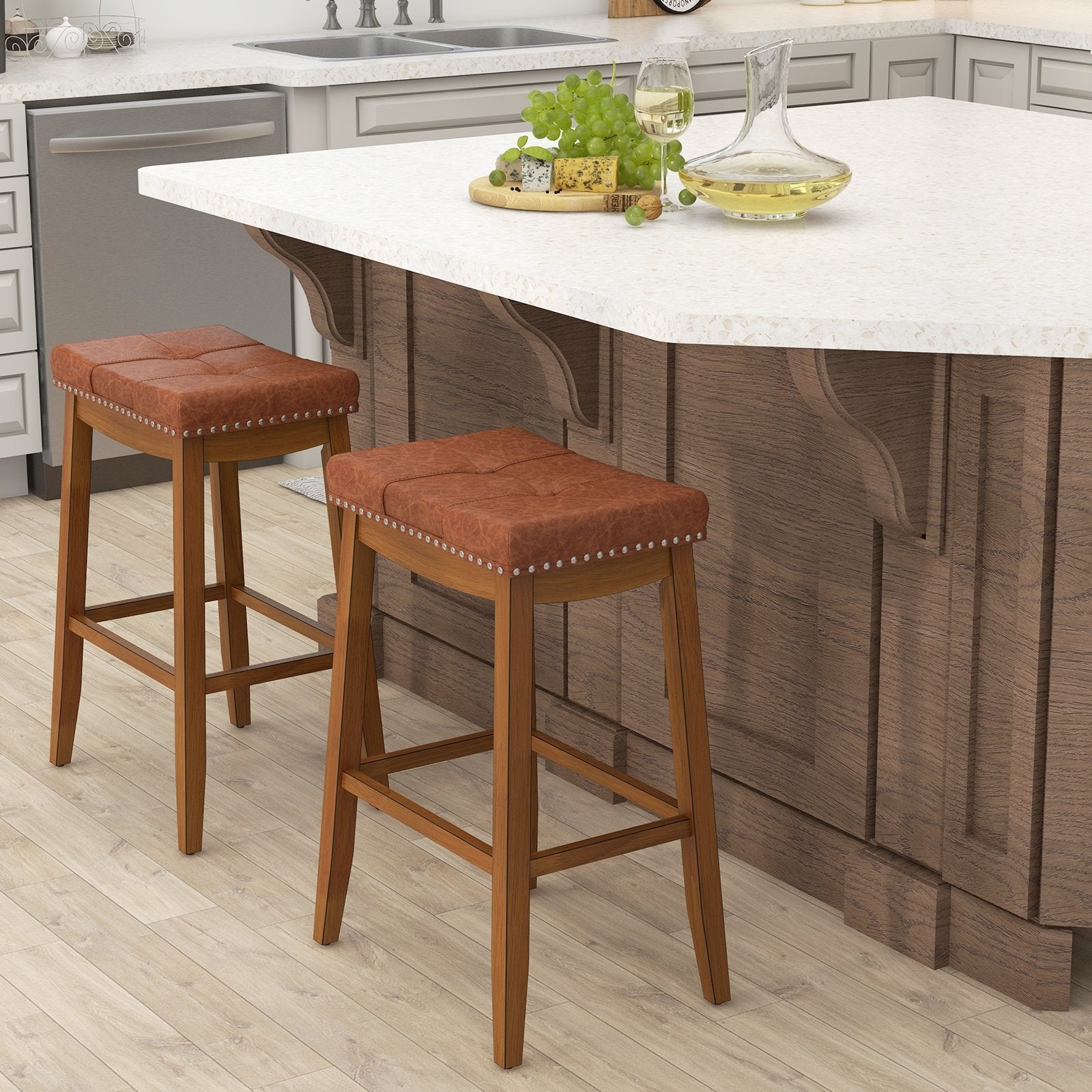 25/29 Inch Set of 2 Upholstered PU Leather Bar Stools with Saddle Seat-29 inches, Brown Bar Stools   at Gallery Canada