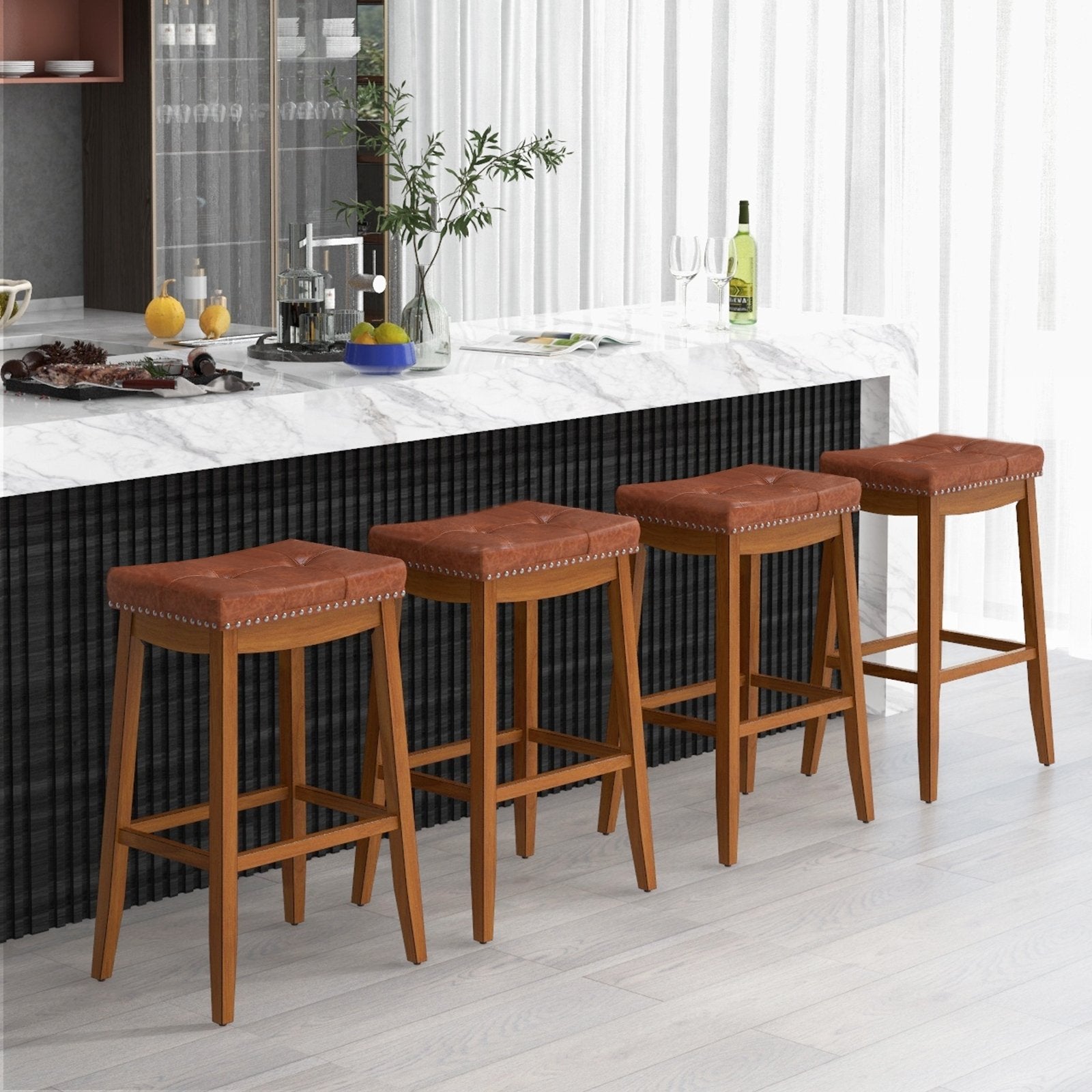 25/29 Inch Set of 2 Upholstered PU Leather Bar Stools with Saddle Seat-29 inches, Brown Bar Stools   at Gallery Canada