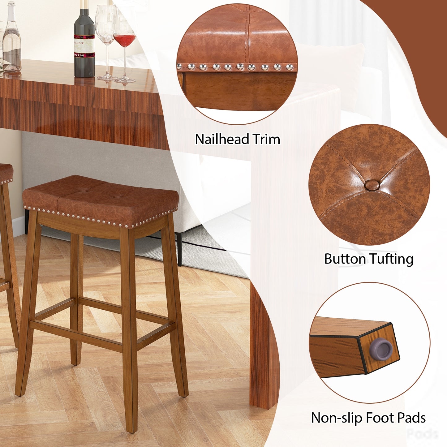 25/29 Inch Set of 2 Upholstered PU Leather Bar Stools with Saddle Seat-29 inches, Brown Bar Stools   at Gallery Canada