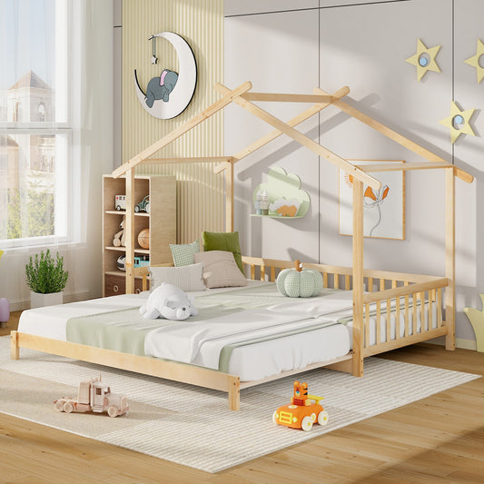 Extendable House Bed Twin to King Daybed with Roof and Fence Rails, Natural Trundle Bed Frame Natural  at Gallery Canada