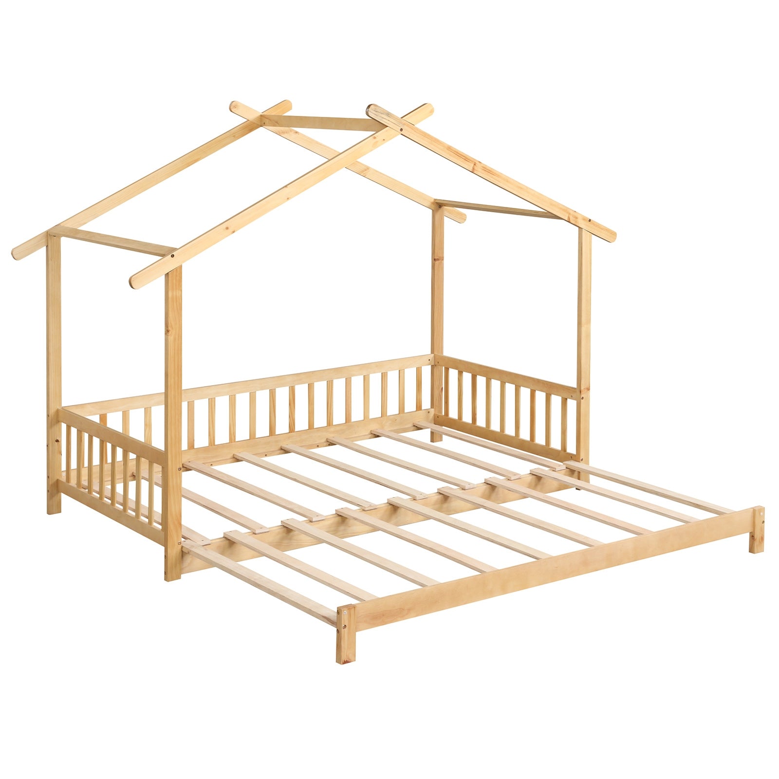 Extendable House Bed Twin to King Daybed with Roof and Fence Rails, Natural Trundle Bed Frame Natural  at Gallery Canada