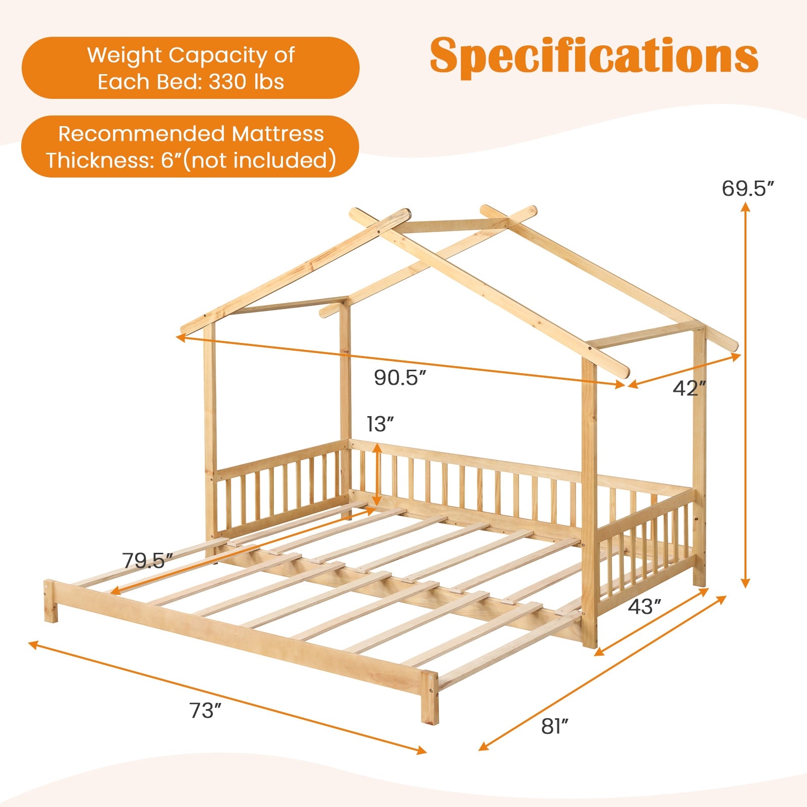 Extendable House Bed Twin to King Daybed with Roof and Fence Rails, Natural Trundle Bed Frame   at Gallery Canada