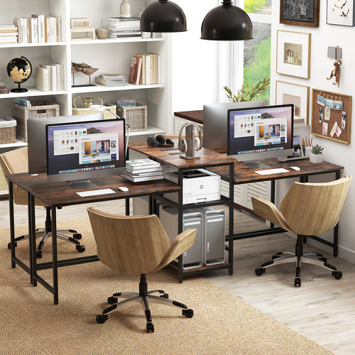 2-Person Computer Desk with Power Outlet and Printer Stand, Rustic Brown