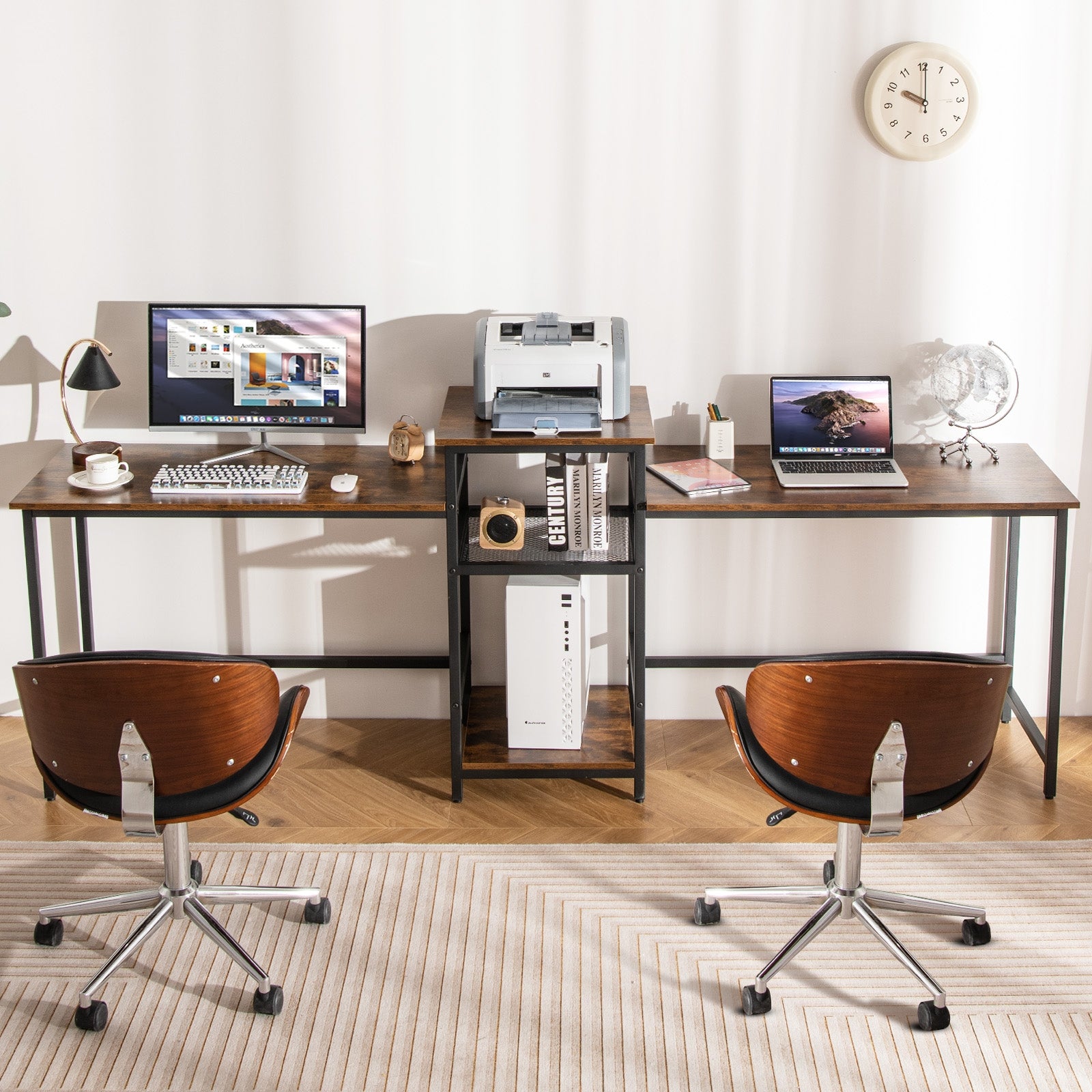 2-Person Computer Desk with Power Outlet and Printer Stand, Rustic Brown Computer Desks at Gallery Canada