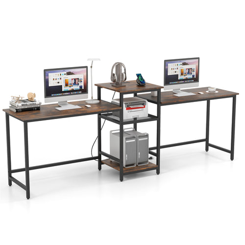 2-Person Computer Desk with Power Outlet and Printer Stand, Rustic Brown