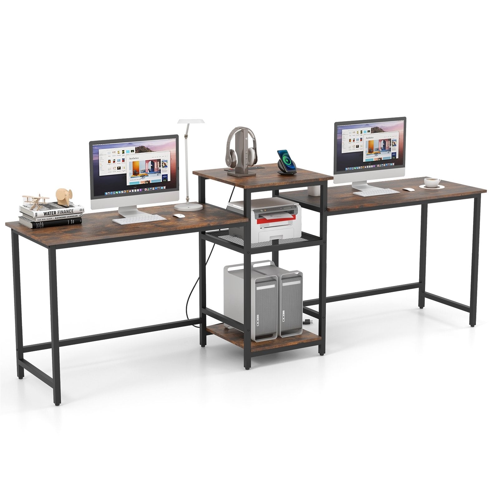2-Person Computer Desk with Power Outlet and Printer Stand, Rustic Brown Computer Desks Rustic Brown at Gallery Canada