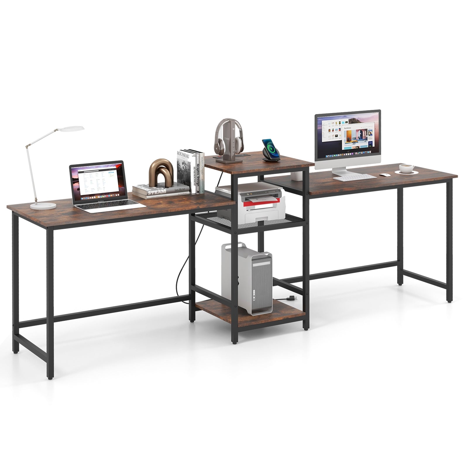 2-Person Computer Desk with Power Outlet and Printer Stand, Rustic Brown Computer Desks at Gallery Canada