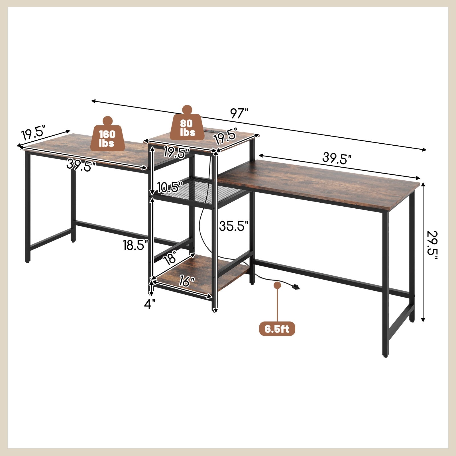 2-Person Computer Desk with Power Outlet and Printer Stand, Rustic Brown Computer Desks at Gallery Canada