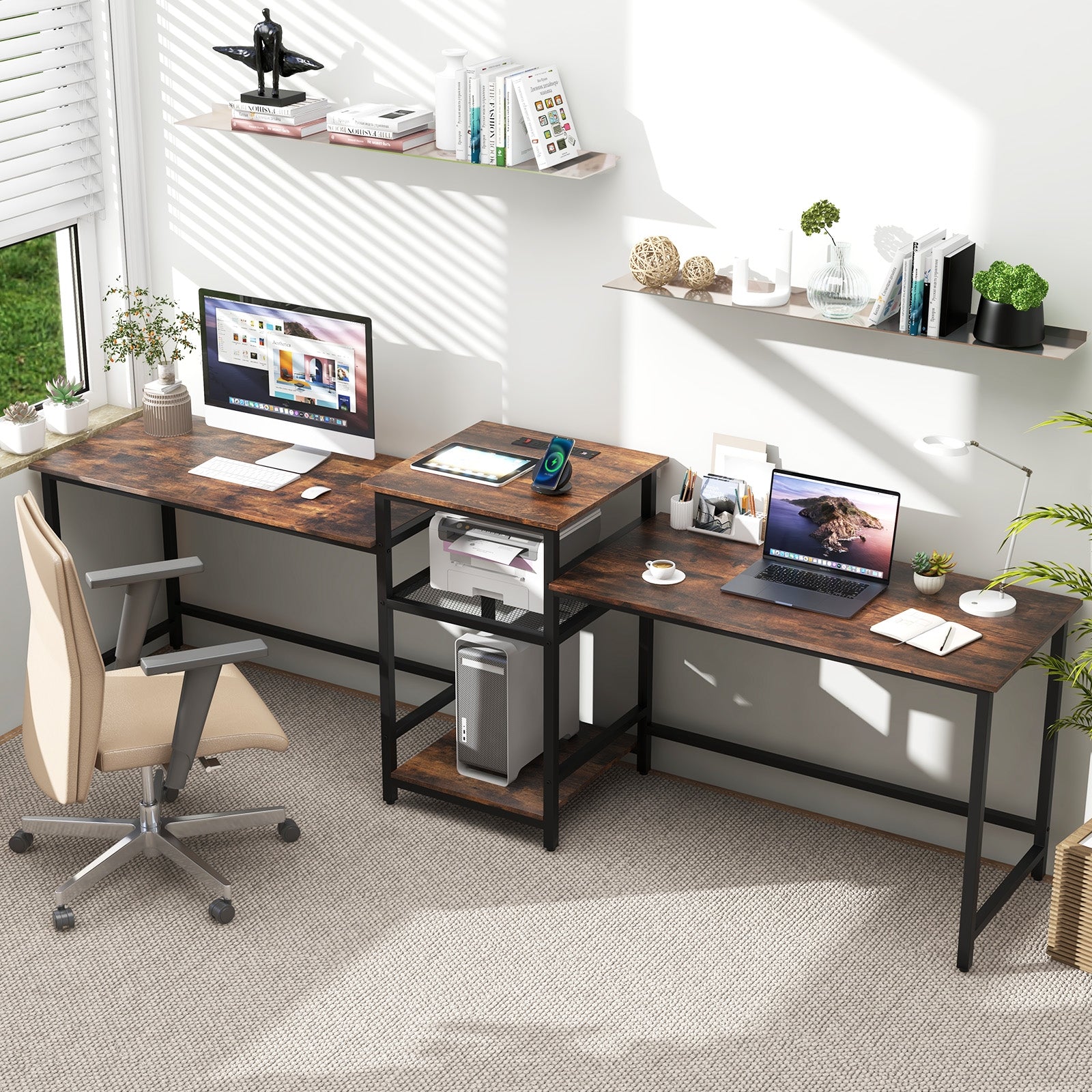 2-Person Computer Desk with Power Outlet and Printer Stand, Rustic Brown Computer Desks at Gallery Canada
