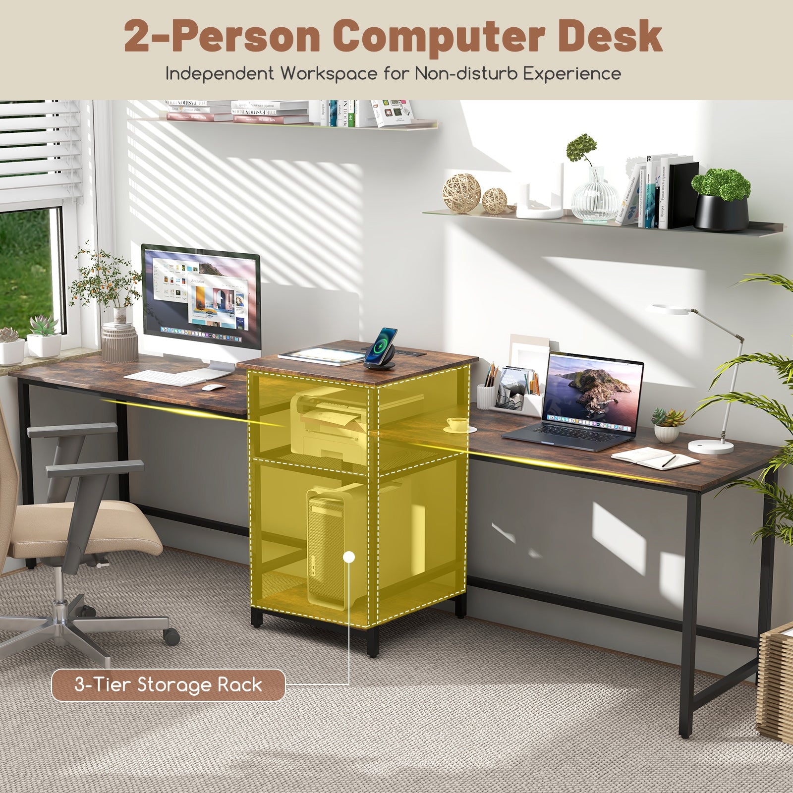 2-Person Computer Desk with Power Outlet and Printer Stand, Rustic Brown Computer Desks at Gallery Canada