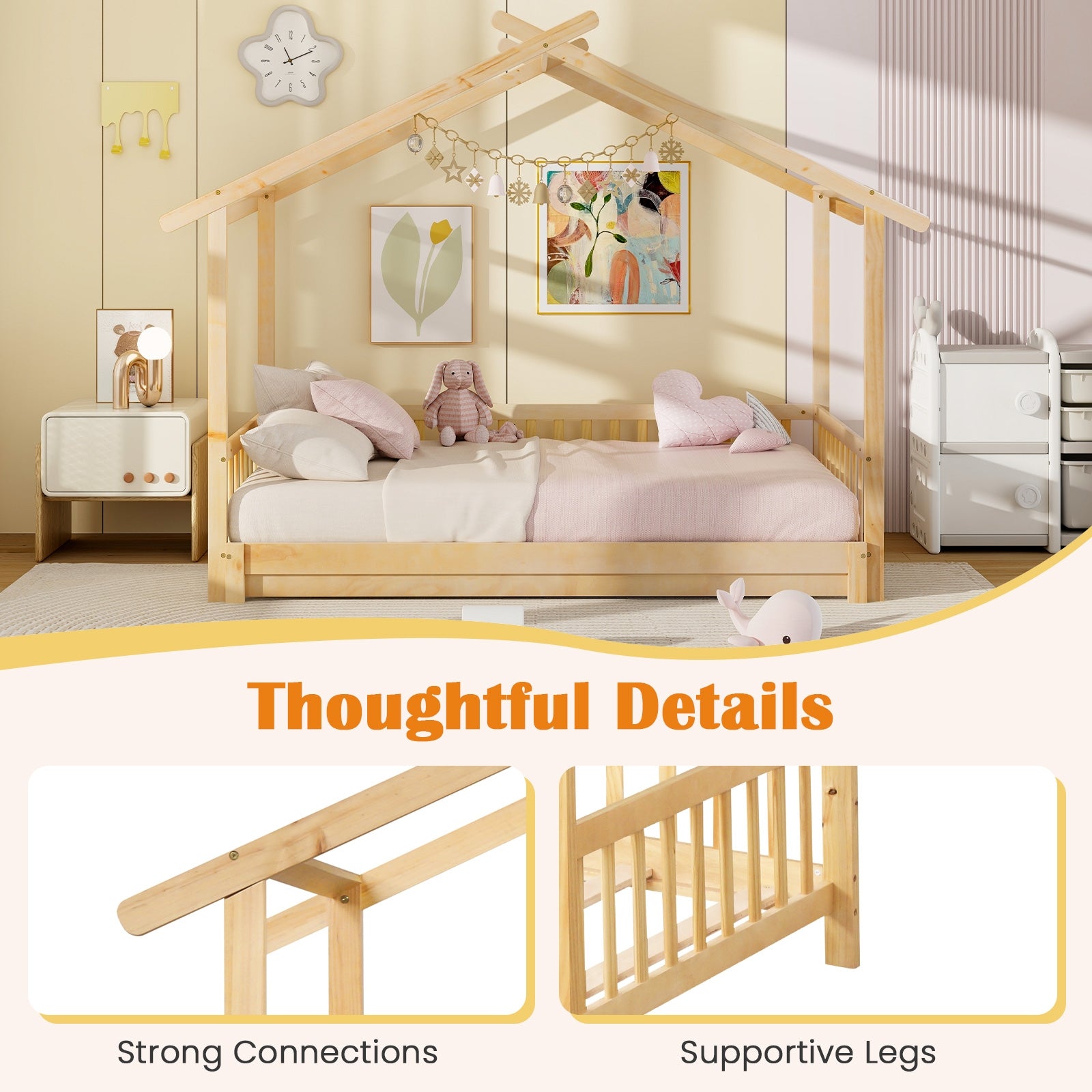 Extendable House Bed Twin to King Daybed with Roof and Fence Rails, Natural Trundle Bed Frame   at Gallery Canada