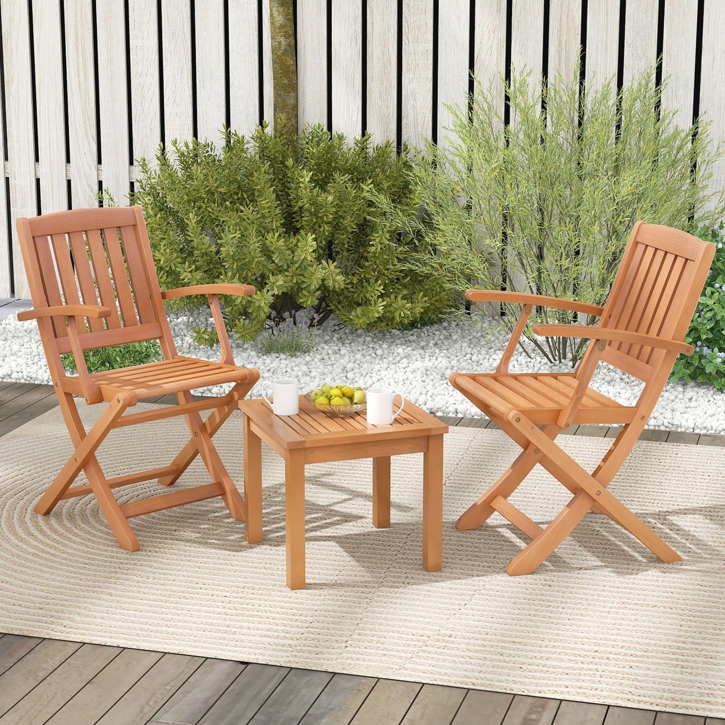 3 PCS Eucalyptus Wood Patio Bistro Set with 2 Folding Arm Chairs Patio Dining Sets   at Gallery Canada