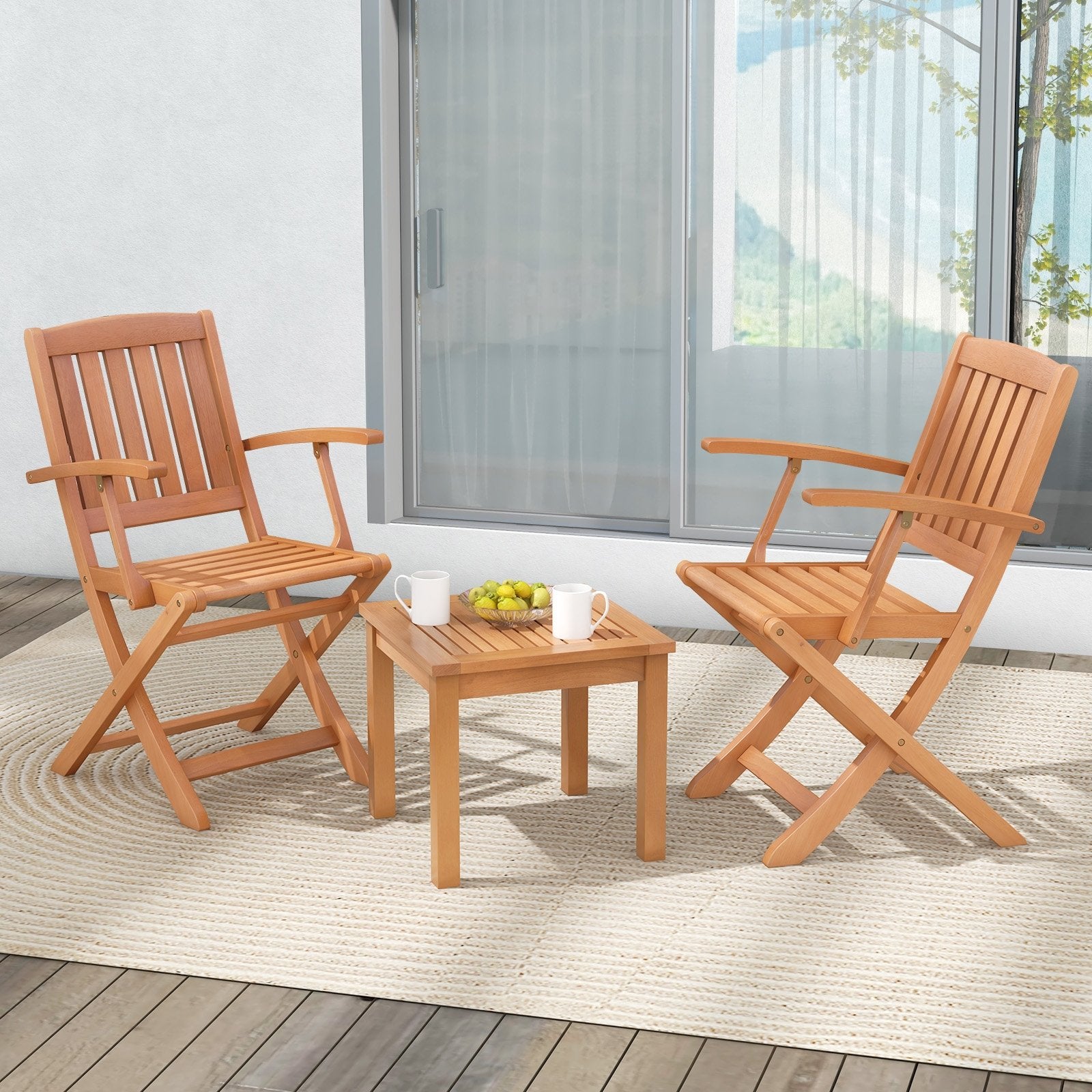 3 PCS Eucalyptus Wood Patio Bistro Set with 2 Folding Arm Chairs Patio Dining Sets   at Gallery Canada