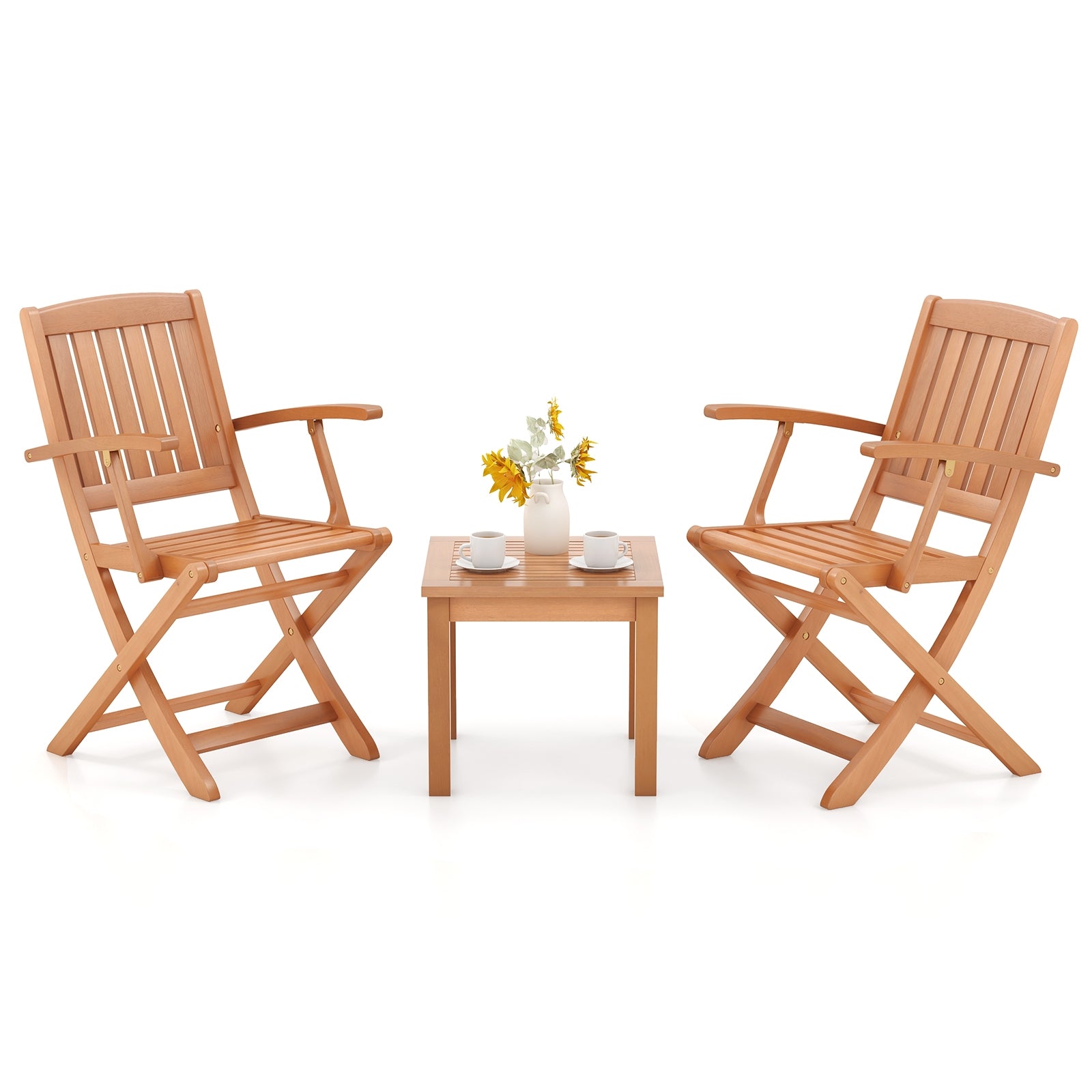 3 PCS Eucalyptus Wood Patio Bistro Set with 2 Folding Arm Chairs Patio Dining Sets Options  at Gallery Canada