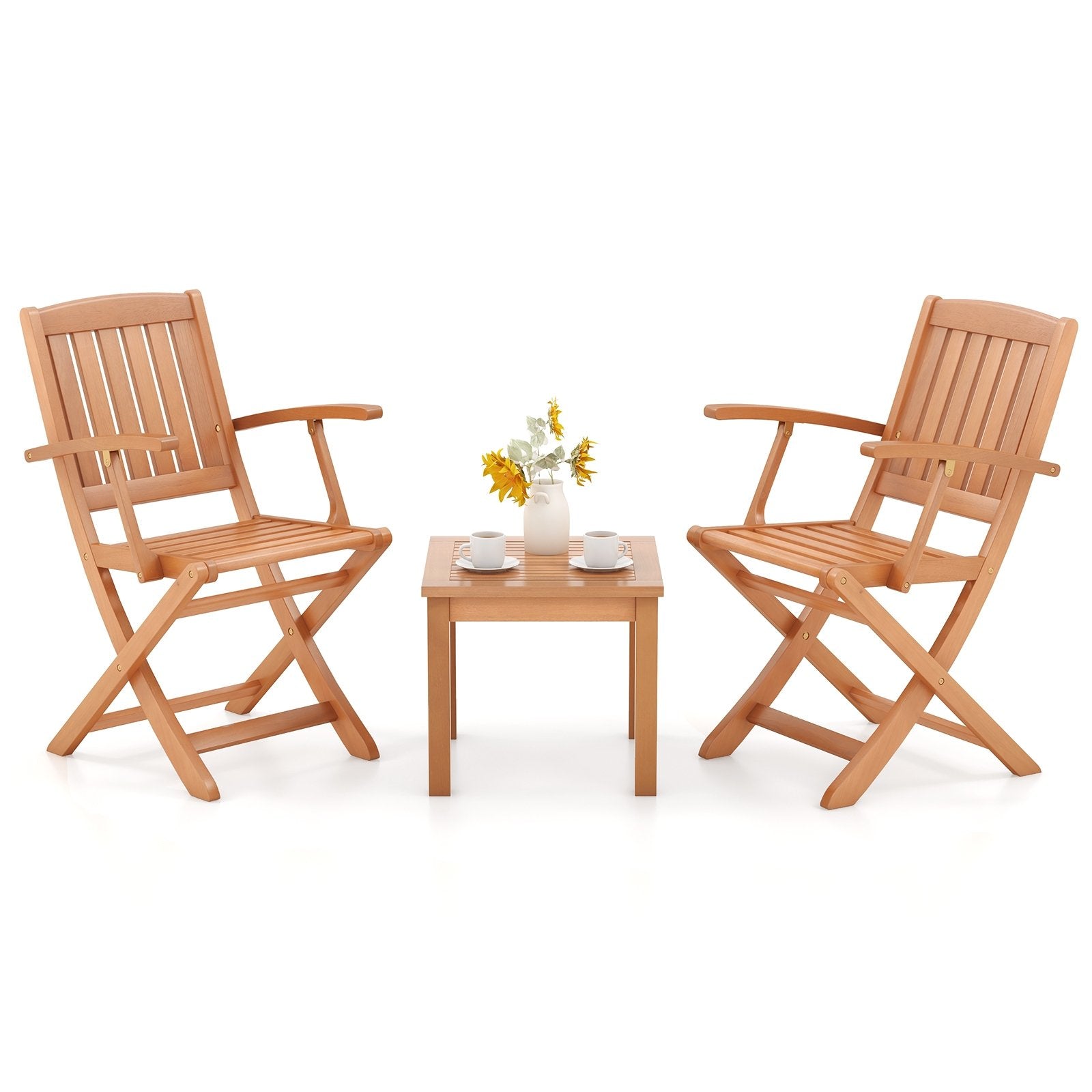 3 PCS Eucalyptus Wood Patio Bistro Set with 2 Folding Arm Chairs Patio Dining Sets Natural at Gallery Canada
