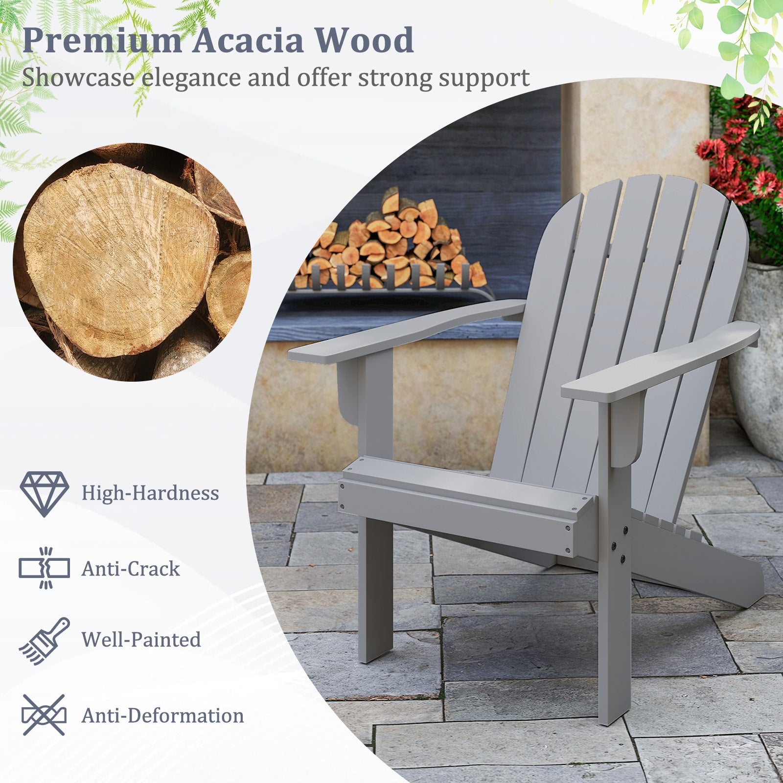 Acacia Wood Lounge Patio Adirondack Chair with Inclined Seat, Gray Adirondack Chairs   at Gallery Canada