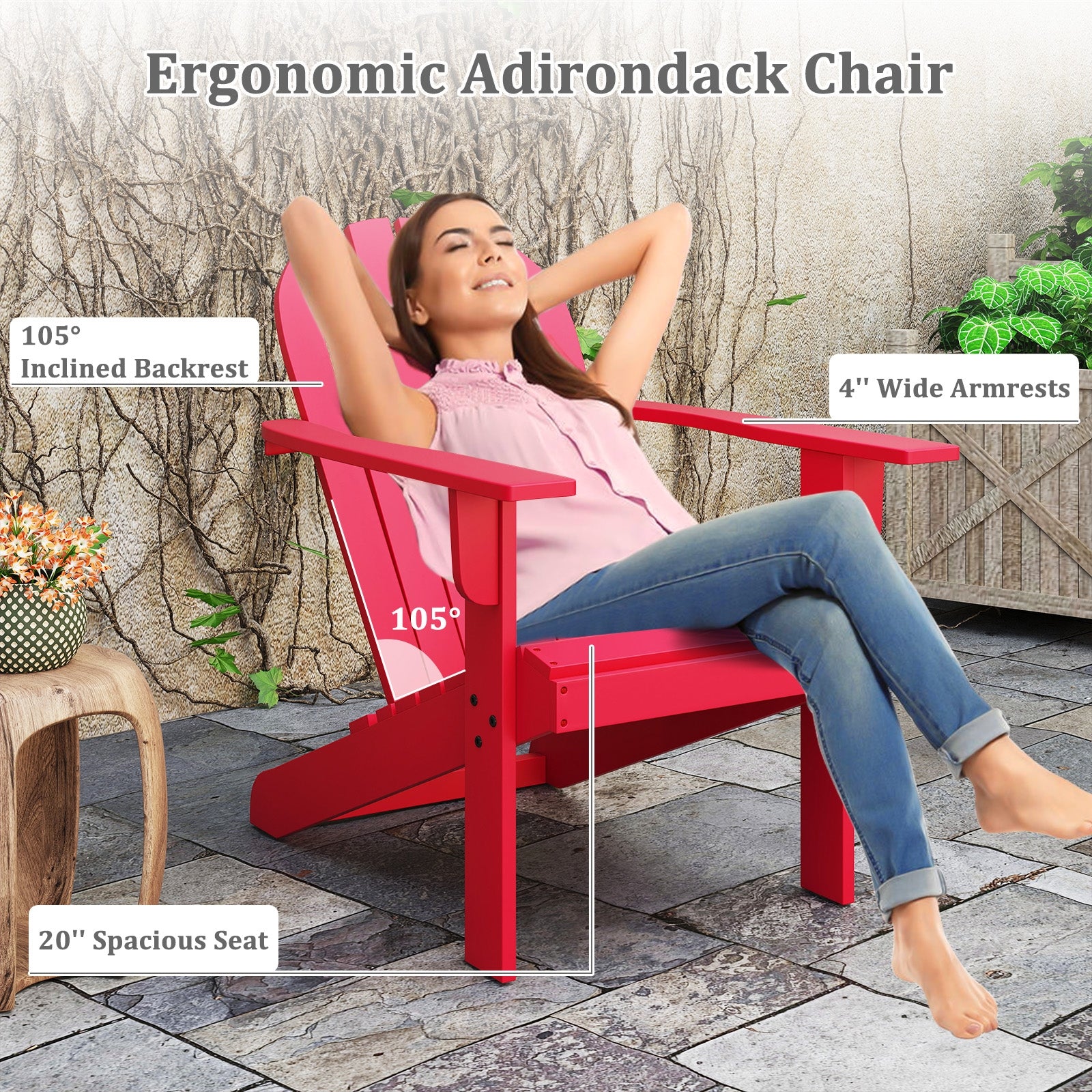 Acacia Wood Lounge Patio Adirondack Chair with Inclined Seat, Red Adirondack Chairs   at Gallery Canada