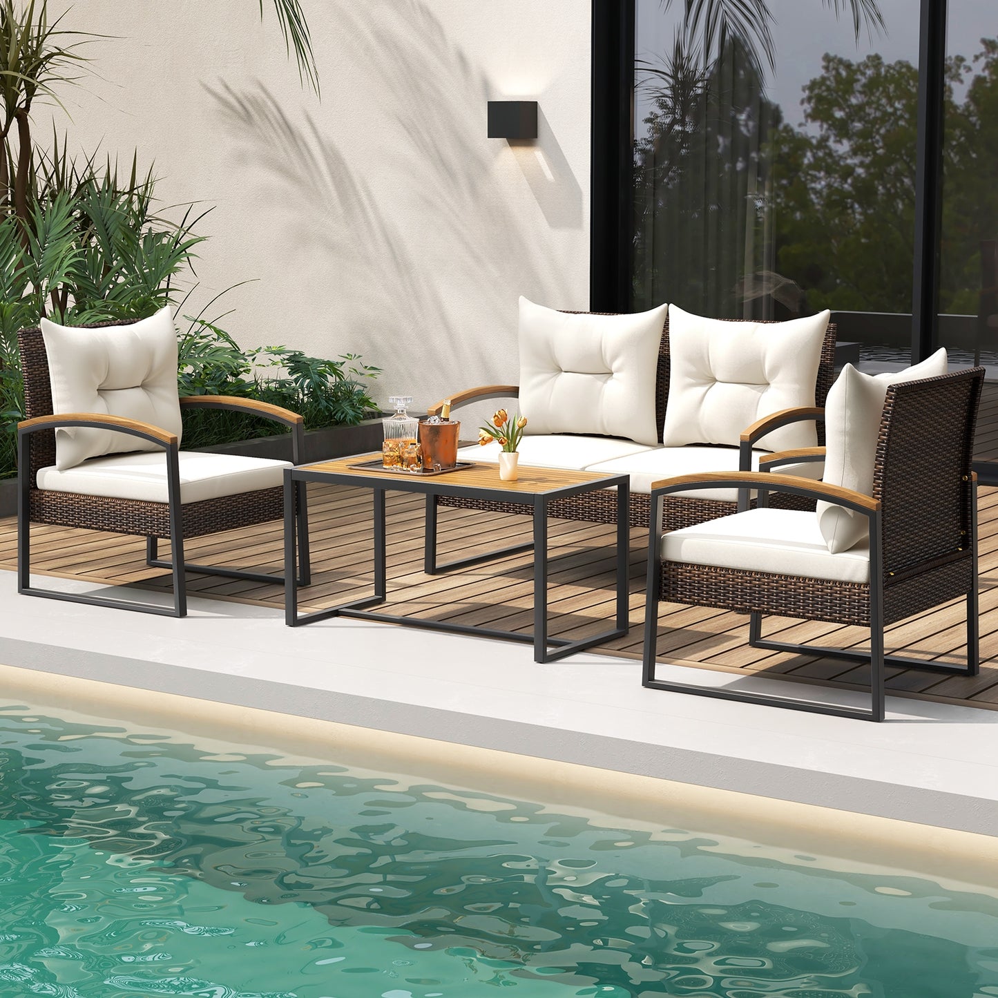 4 Pieces Patio Conversation Set with Acacia Wood Armrests and Tabletop and Cushions, White Patio Conversation Sets   at Gallery Canada