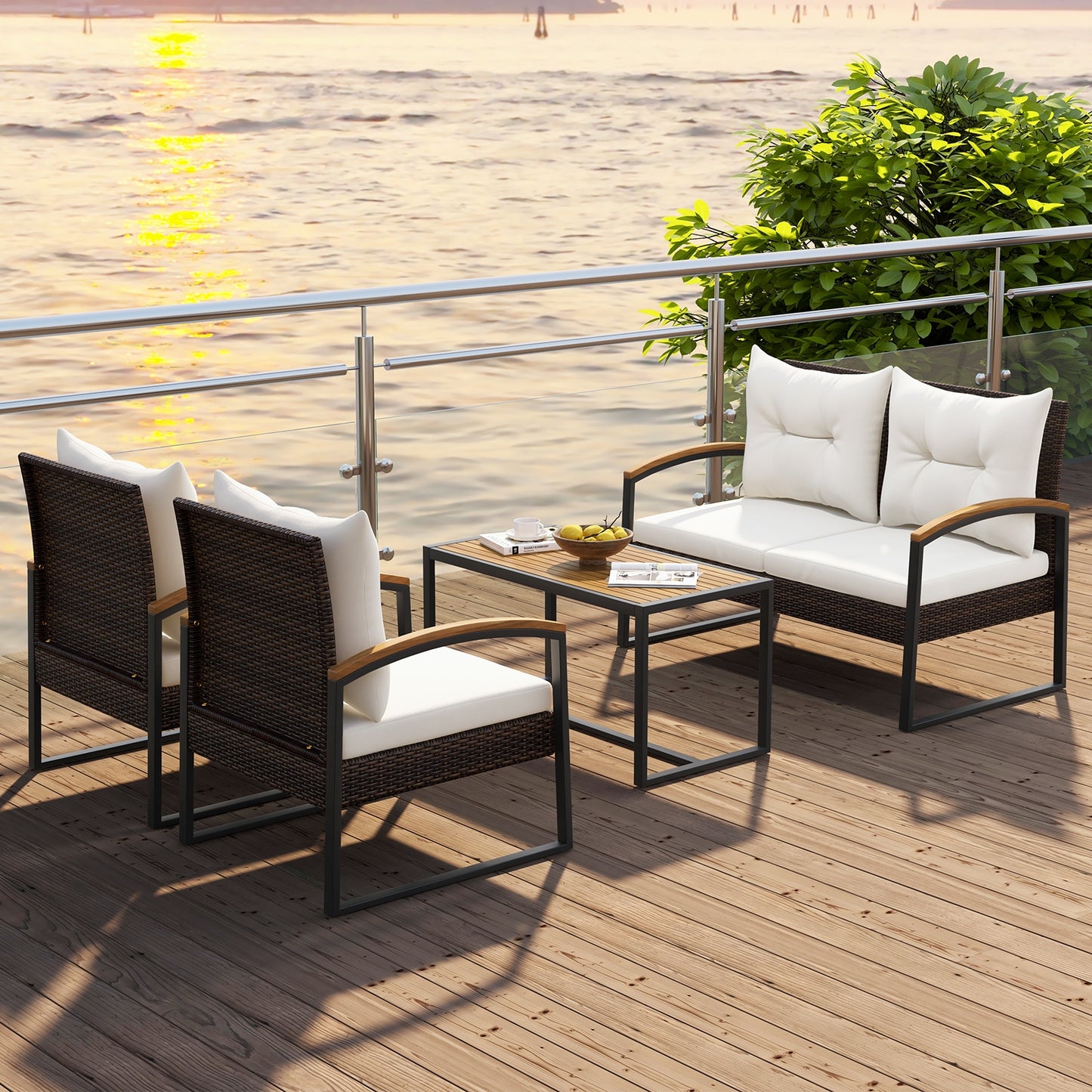 4 Pieces Patio Conversation Set with Acacia Wood Armrests and Tabletop and Cushions, White Patio Conversation Sets   at Gallery Canada