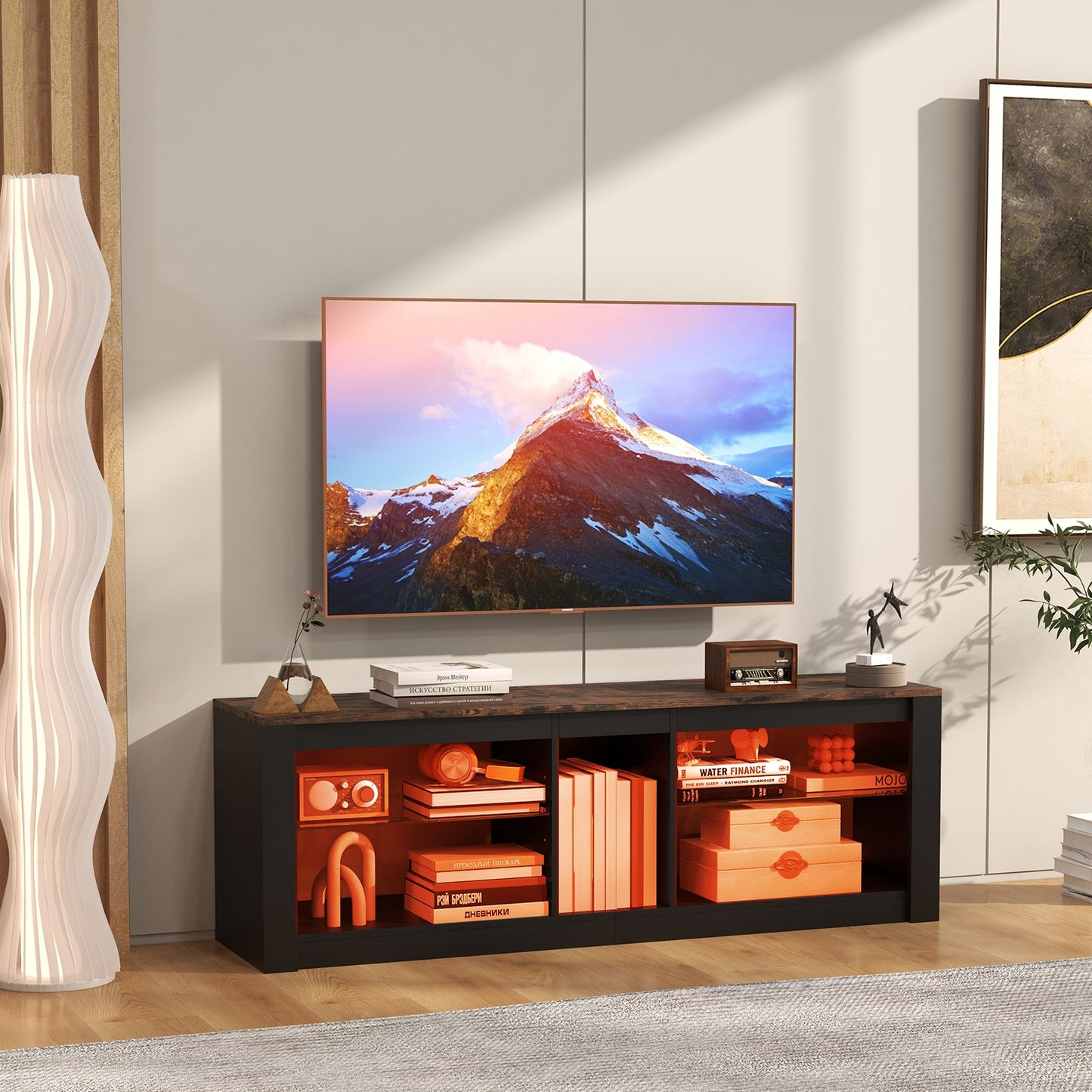 Modern TV Stand with LED Light and Adjustable Shelves for TVs up to 65 inch, Brown Entertainment Centers & TV Stands   at Gallery Canada