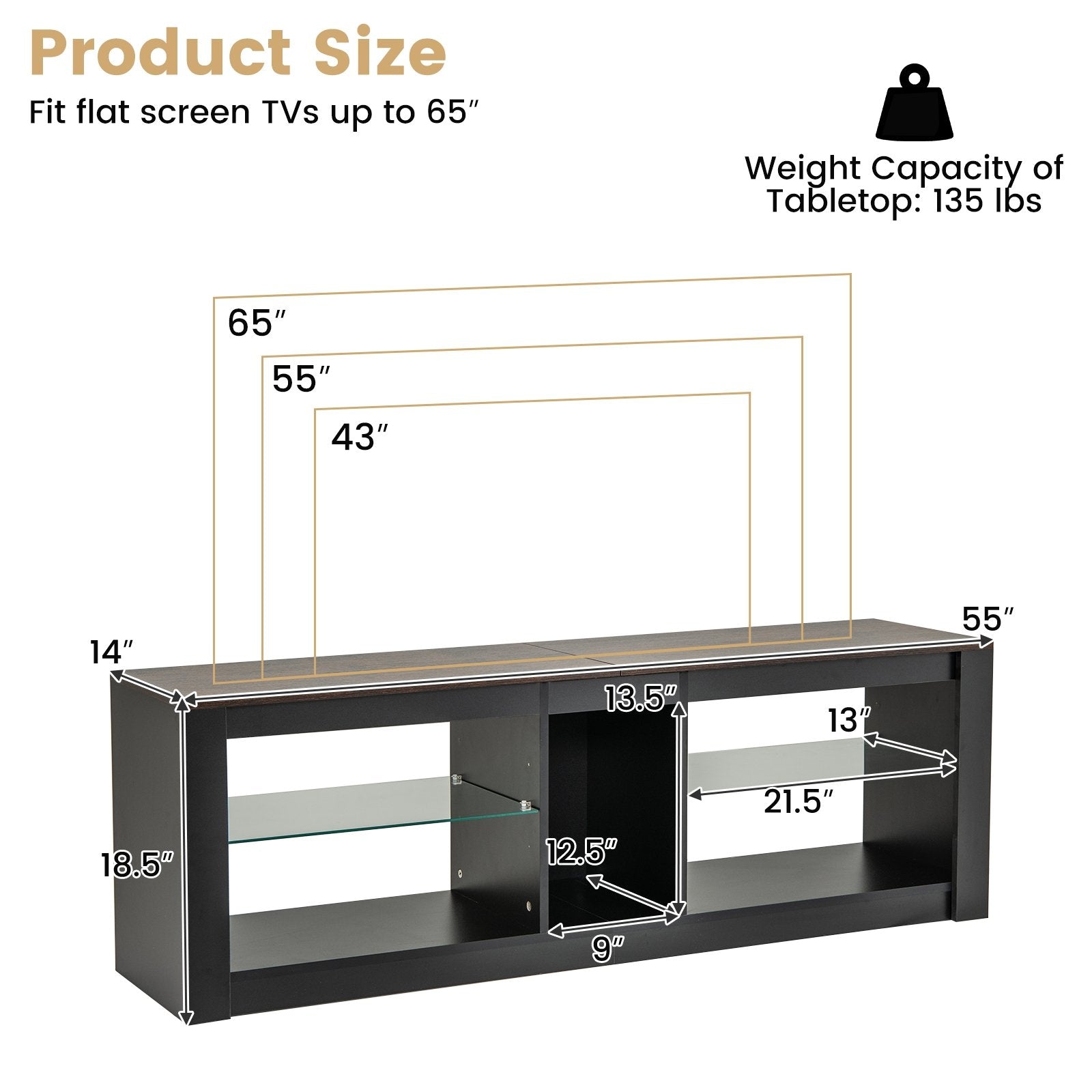 Modern TV Stand with LED Light and Adjustable Shelves for TVs up to 65 inch, Brown Entertainment Centers & TV Stands   at Gallery Canada