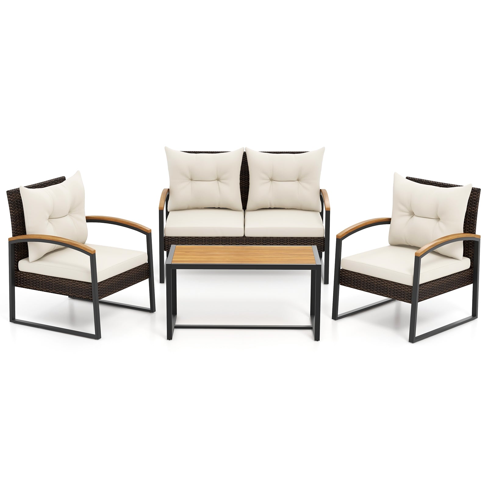 4 Pieces Patio Conversation Set with Acacia Wood Armrests and Tabletop and Cushions, White Patio Conversation Sets White  at Gallery Canada