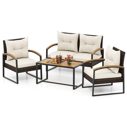 4 Pieces Patio Conversation Set with Acacia Wood Armrests and Tabletop and Cushions, White Patio Conversation Sets   at Gallery Canada